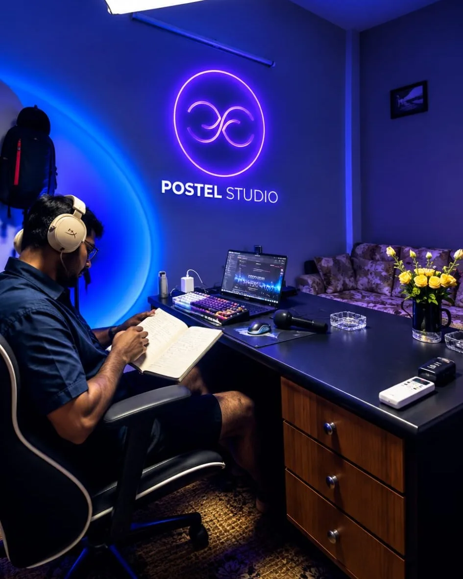 The studio: planning a build by hand under the Postel Studio sign